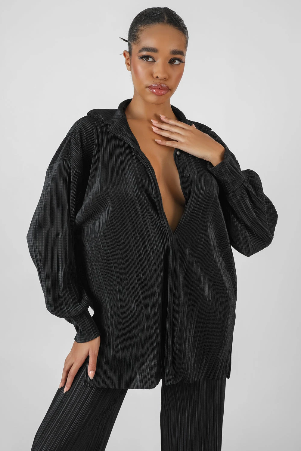 Oversized Plisse Shirt Black - Image 5