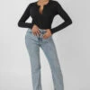 Front Button Long Sleeve Ribbed Bodysuit Black