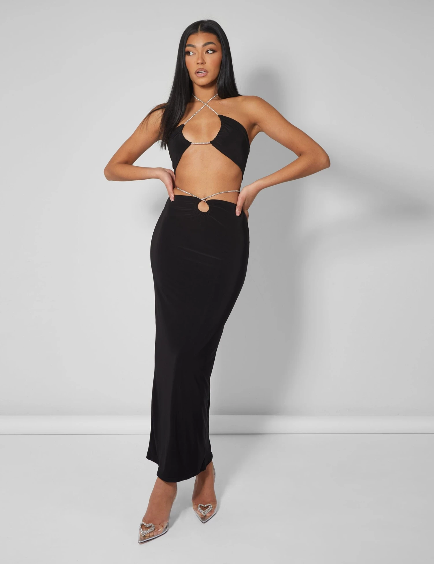 CROSS FRONT DIAMANTE ROPE MIDAXI SKIRT BLACK - Image 2