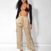 Split Hem Satin Elasticated Waist Wide Leg Cargo Trousers Champagne