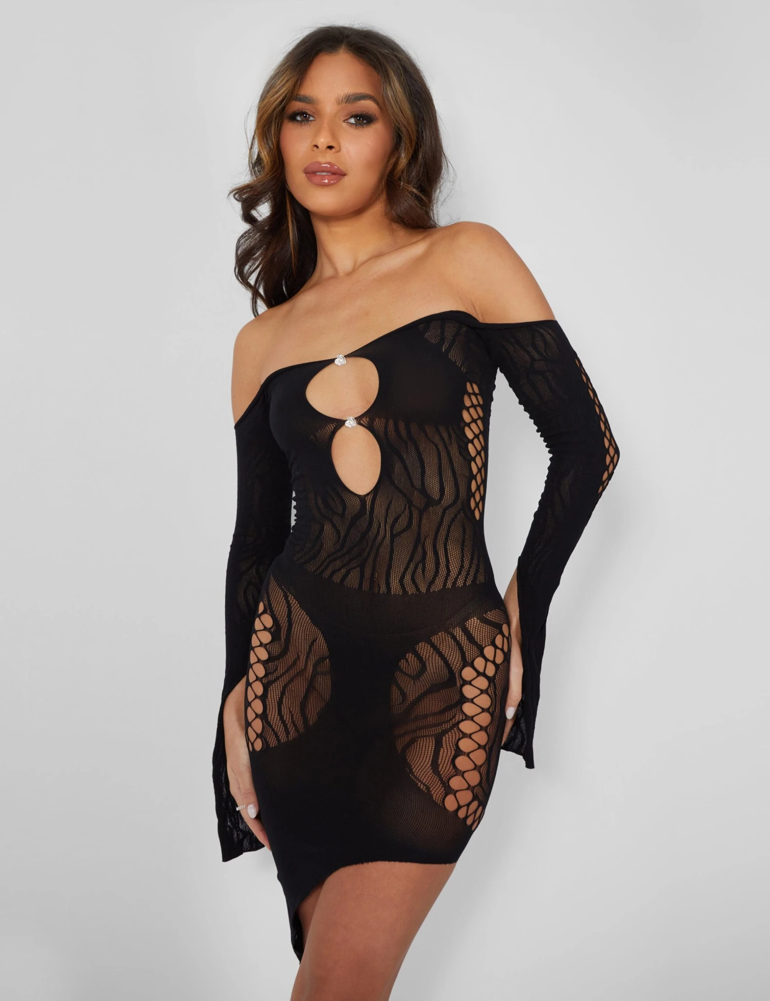 Mesh Panel Keyhole Off The Shoulder Asymmetric Mini Dress Black - Image 4