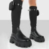 Showing Up Wide Fit Black Nylon Chunky Sole Pocket Detail Knee High Boots